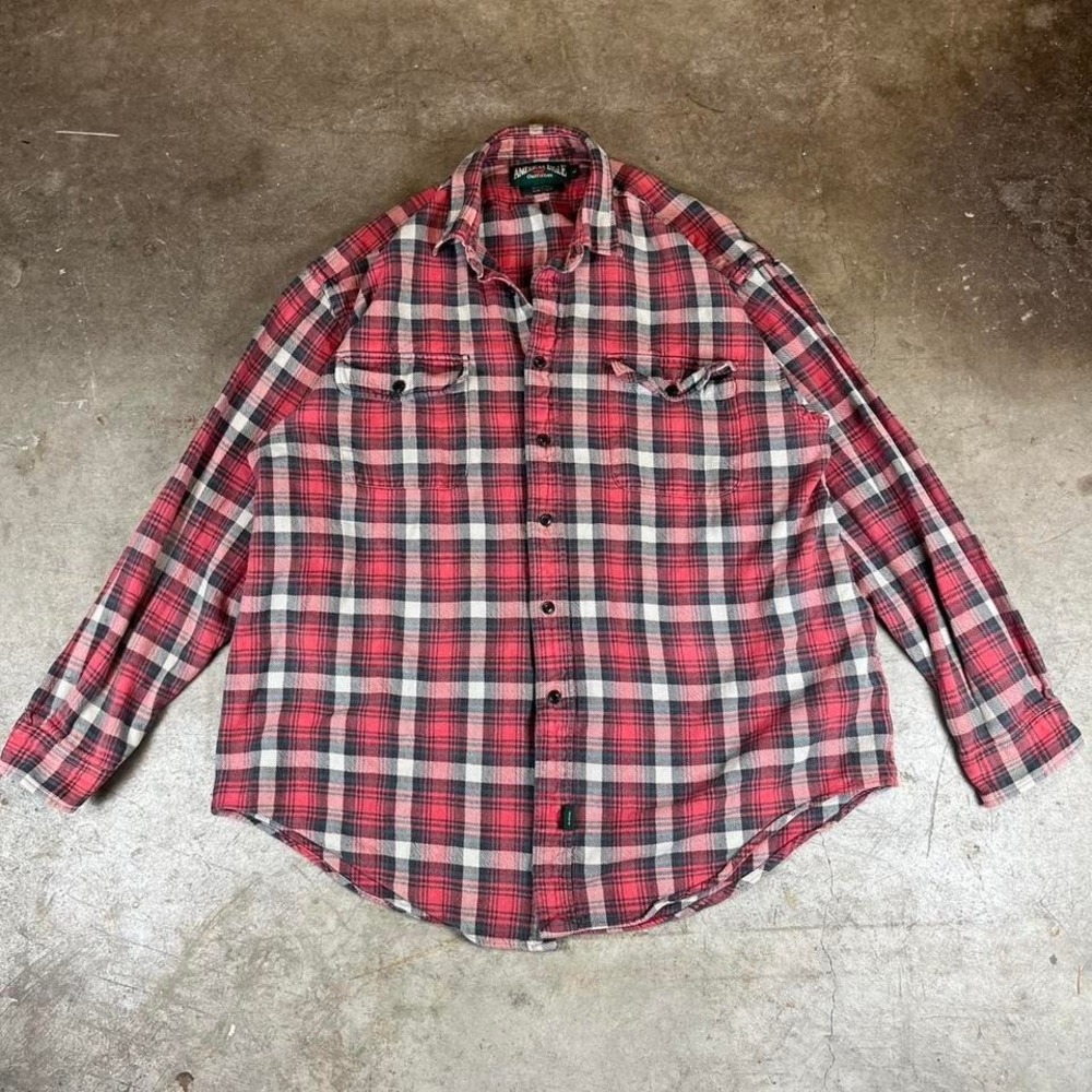 American Eagle Mens Red Black Plaid Cotton Flannel Button Down Shirt Large